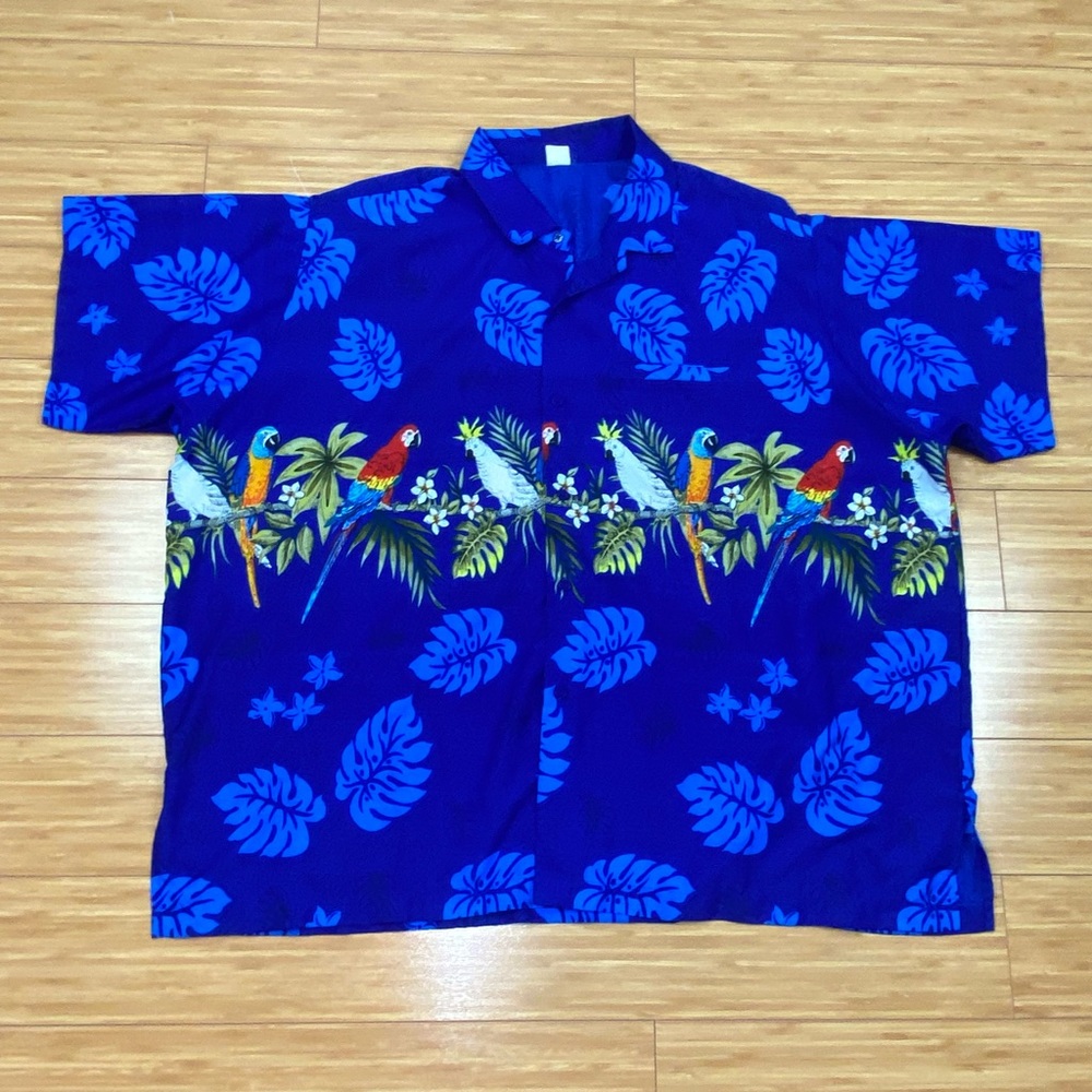 Rina Mens Hawaiian Blue Button Down Shirt Parrots Macaw Tropical Birds